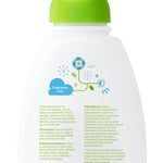 Close-up of the back of a Babyganics foaming dish soap bottle showing ingredient and usage text with green cap.