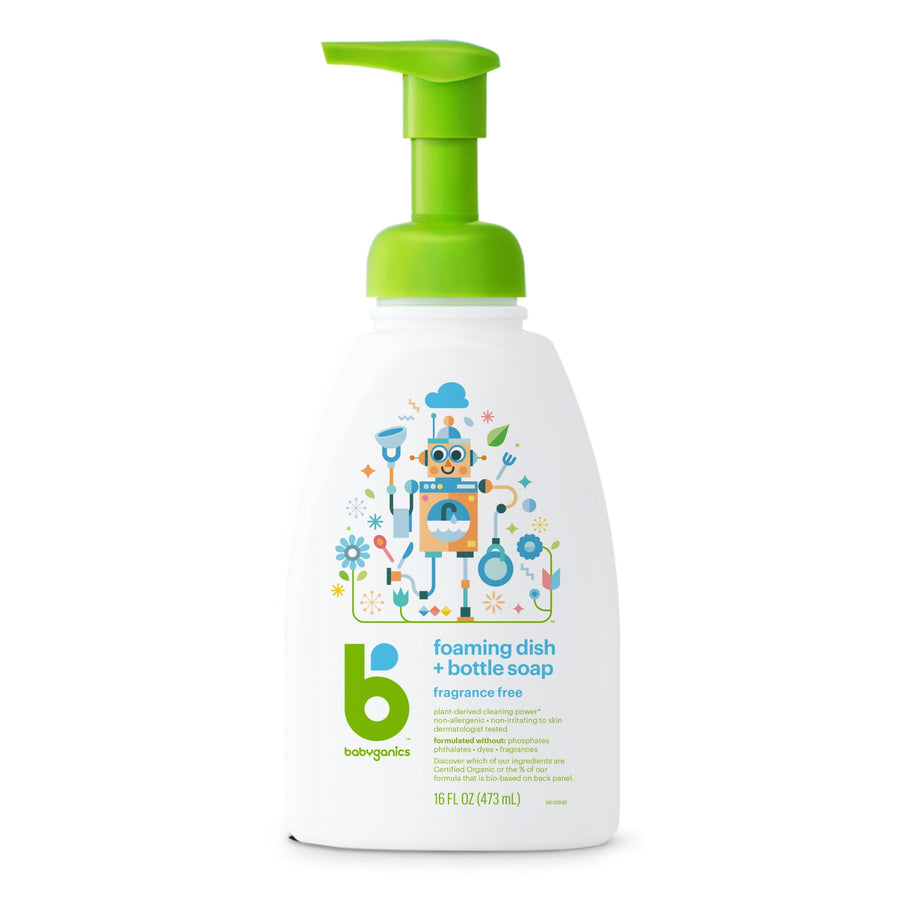 White Babyganics foaming dish and bottle soap pump bottle with green pump and robot label on white background.