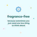Graphic card reading "fragrance-free" with decorative flower icon and playful background accents.