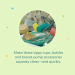 Circular photo of a sink full of colorful cups and baby bottles above text about cleaning sippy cups, bottles and pump accessories.