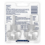 Clear plastic clamshell back view showing two refill bottles, warning text, barcode and product information panel