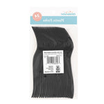 Back of clear package showing stacked black plastic forks and a barcode label on white backing