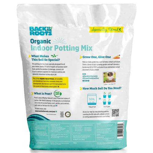 Rear view of Back to the Roots Organic Indoor Potting Mix bag showing product information, usage guidance and icons