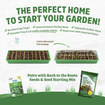 Informational graphic promoting Back to the Roots germination tray with images of tray, lid and seed packets plus usage callouts