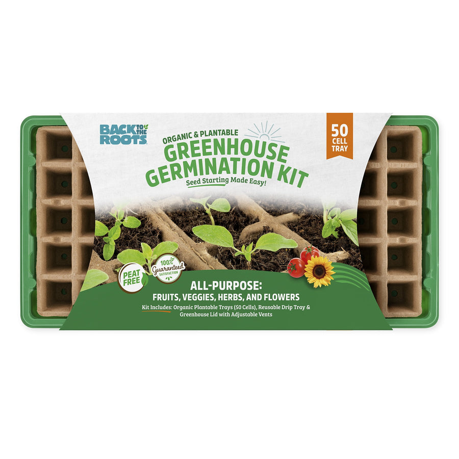 Back to the Roots greenhouse germination kit box shown over a green plastic drip tray with 50-cell plantable inserts