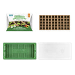 Product layout showing Back to the Roots kit packaging, a 50-cell plantable insert, green drip tray and clear greenhouse lid