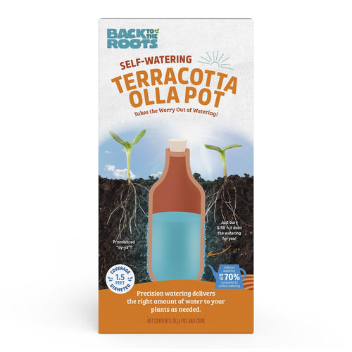 Front packaging artwork for Back to the Roots self-watering terracotta olla pot showing illustration