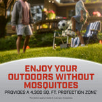 Lifestyle scene of a backyard with people playing and headline “Enjoy your outdoors without mosquitoes” overlayed