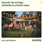 Evening backyard scene with string lights and people gathered outdoors, paired with copy about better value and bug control