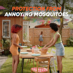 Backyard lifestyle scene with people setting an outdoor table and headline about protection from annoying mosquitoes