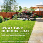 Sunny backyard patio and lawn scene with text encouraging enjoying outdoor space after treatments have dried