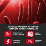 Close-up red microscopic style bacteria graphic with text about advanced bacterial action and icons for benefits
