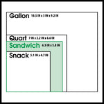 Size comparison diagram showing outlines and dimensions for gallon, quart, sandwich, and snack resealable bags