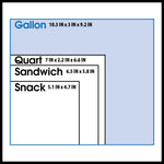 Graphic showing relative bag size shapes labeled gallon, quart, sandwich and snack with dimensions on a light blue background.