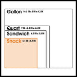 Size comparison graphic showing outlines and dimensions for Gallon, Quart, Sandwich and Snack bag sizes with snack highlighted