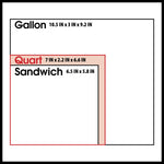 Size comparison graphic showing Gallon, Quart, and Sandwich bag outline dimensions with highlighted quart size