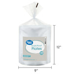 Clear bag of Great Value soak-proof plates with dimensions marked by arrows indicating 9" width and 12" height