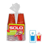 Bagged pack of red Solo squared cups with product label and beverage icons