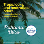 Tropical beach background with text promoting Bahama Bliss scent and Febreze freshness logo