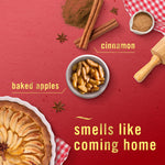 Flat-lay styled shot of cinnamon sticks, a bowl of baked apples and pie with text labels 'cinnamon' and 'baked apples'