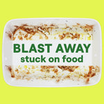 Baked dish with stuck-on food on a bright yellow background and bold text reading 'BLAST AWAY stuck on food'.