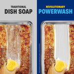 Side-by-side comparison showing baked-on pan grime being wiped with a sponge, labeled 'Traditional Dish Soap' and 'Revolutionary Powerwash'