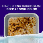 Soapy foam at the edge of a heavily baked-on greasy baking pan with text claiming it lifts tough grease before scrubbing