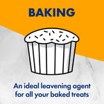 Illustrated muffin icon on a marble and orange background with header “BAKING” and caption describing baking soda as an ideal leavening agent.
