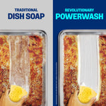 Side-by-side comparison image of a dirty baking sheet being cleaned, labeled 'TRADITIONAL DISH SOAP' and 'REVOLUTIONARY POWERWASH'