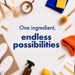 Flat-lay scene of cleaning items and a bowl of baking soda with text 'One ingredient, endless possibilities'