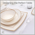 Tabletop place setting showing stacked plates and a clear plastic fork beside glassware on a white tablecloth, with header text above.