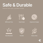 Graphic panel with icons and text stating product attributes like 'BPA/Lead-Free', 'Food Grade', 'Heat Resistant' and 'Durable'.