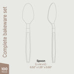 Line-drawing diagram of a single plastic spoon from two angles with dimensions and 'complete bakeware set' text at the side.