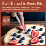 Lifestyle image of a clear plastic spoon being used to cut a slice of fruit-topped tart, with a 'BPA Free' badge and header text.