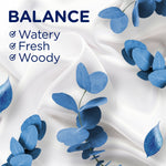 Graphic of blue eucalyptus leaves on white fabric with the word 'BALANCE' and bullet points 'Watery, Fresh, Woody'