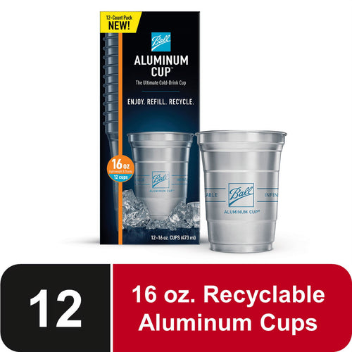 Product box and two shiny Ball aluminum cold-drink cups with ice and a 16 oz label on a white background.