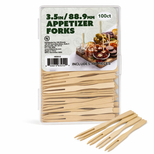 Clear plastic package of natural bamboo two-prong appetizer forks with a few forks fanned beside it.