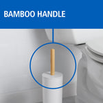 White toilet brush holder with a natural bamboo handle shown beside a toilet, highlighted by a circular callout and 'Bamboo Handle' header.