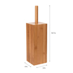 Tall square bamboo toilet brush holder with wooden handle and dimension arrows showing height and width