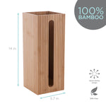 Studio image of tall bamboo toilet paper reserve with dimensions callouts and 100% bamboo badge on white background