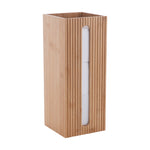 Tall square bamboo toilet paper storage tower with vertical ribbed slats and a narrow window showing stacked rolls
