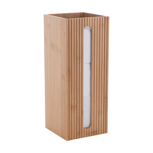 Tall square bamboo toilet paper storage tower with vertical ribbed slats and a narrow window showing stacked rolls