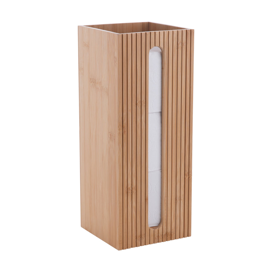 Tall square bamboo toilet paper storage tower with vertical ribbed slats and a narrow window showing stacked rolls
