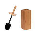 Bamboo toilet brush with black bristles and separate tall square bamboo holder on white