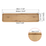 Single bamboo rectangular tray with dimension callouts showing length, width and edge thickness against white background.