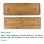 Two flat bamboo trays shown side by side, one with a raised shallow edge and product advantage text below.