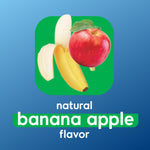 Icon-style image of a peeled banana and a red apple with text indicating 'natural banana apple flavor'