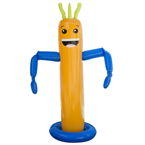 Inflatable orange wacky character sprinkler with blue arms and base on white background