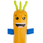 Close-up of the smiling face and green top tufts of an orange inflatable wacky wiggles sprinkler