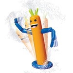 Illustrated action view of orange inflatable sprinkler wiggling with water spray effects